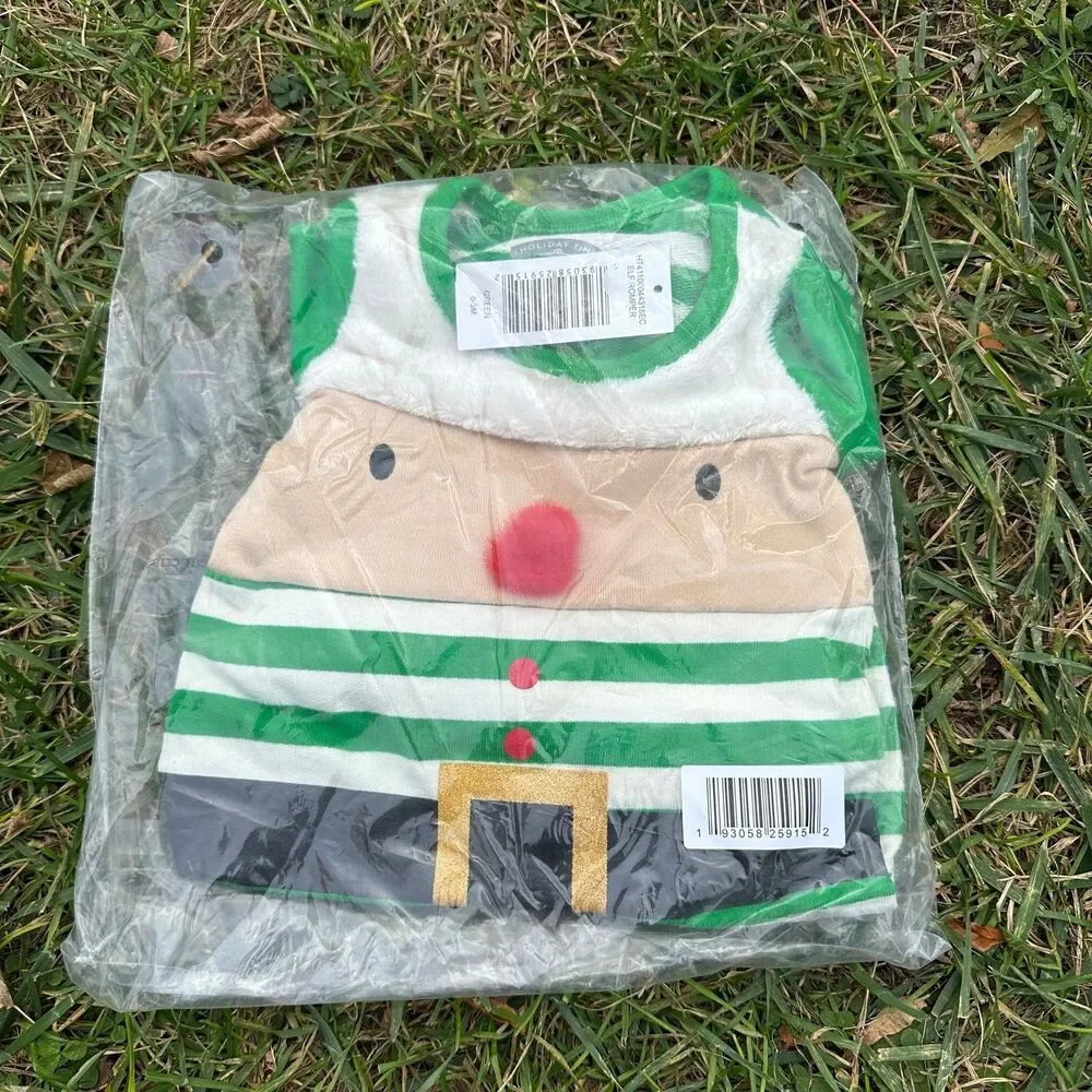Holiday Elf Baby Romper Onesie with Matching Hat 0-3 Months